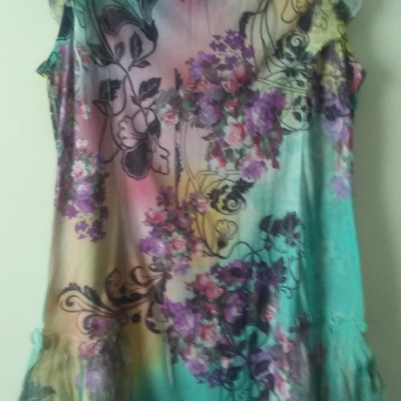 Romantic Top Floral Blouse Turquoise Lg Casual Freedom Short Sleeve Tunic Long - Picture 4 of 12